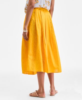 Women's Cotton Eyelet Pleated Midi Skirt, Exclusively at Macy's
