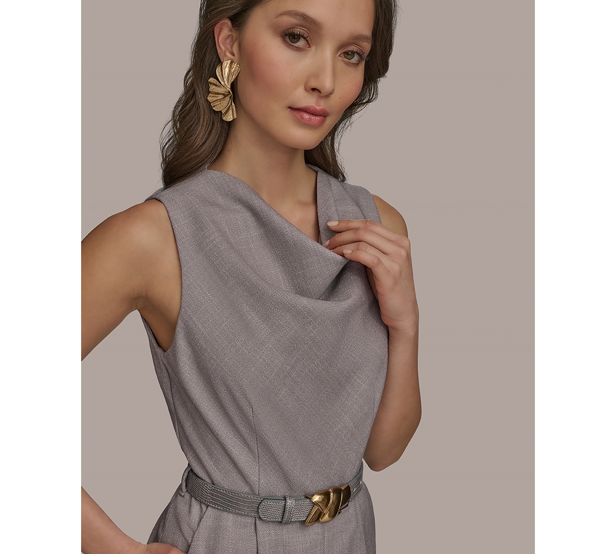 Shop Donna Karan Petite Cowlneck Belted Romper In Clay Limestone