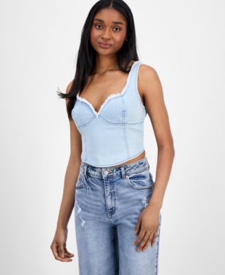 Juniors' Fray-Trimmed Cropped Denim Corset-Style Top