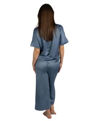 Women's 2 Piece Satin Short Sleeve Relaxed Notch Collar Top and Capri Pants Pajama Set
