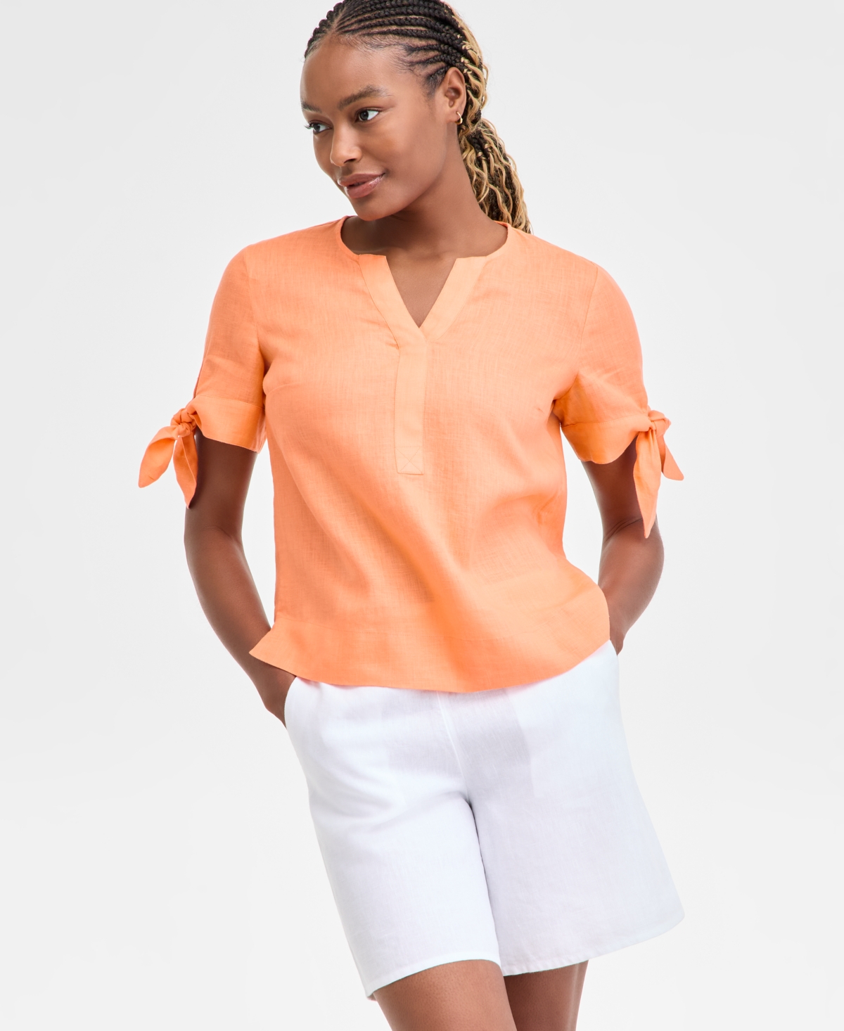 CHARTER CLUB WOMEN'S 100% LINEN SPLIT-NECK TIE-CUFF TOP, CREATED FOR MACY'S 