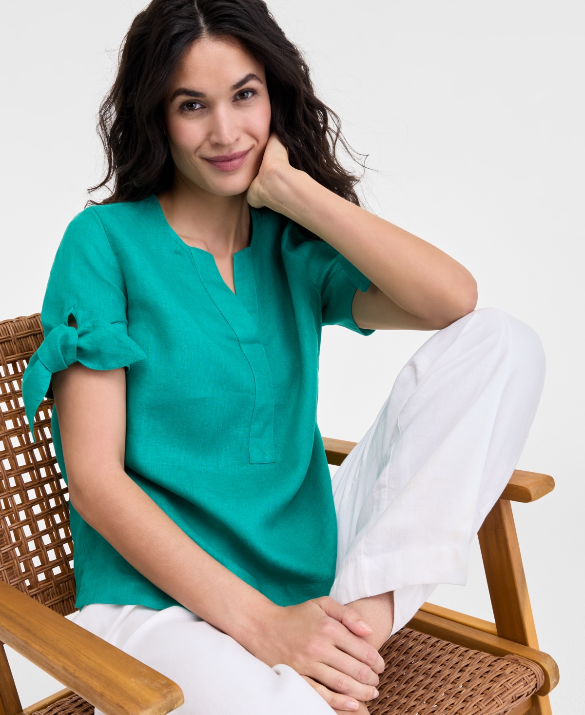 CHARTER CLUB WOMEN'S 100% LINEN SPLIT-NECK TIE-CUFF TOP, CREATED FOR MACY'S 