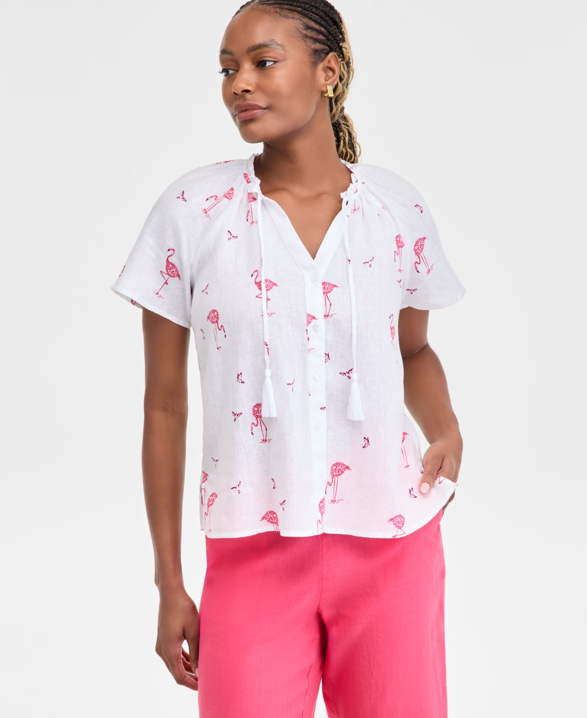 Women's Linen Woven Flamingo Split-Neck Peasant Top, Exclusively at Macy's - Bright White