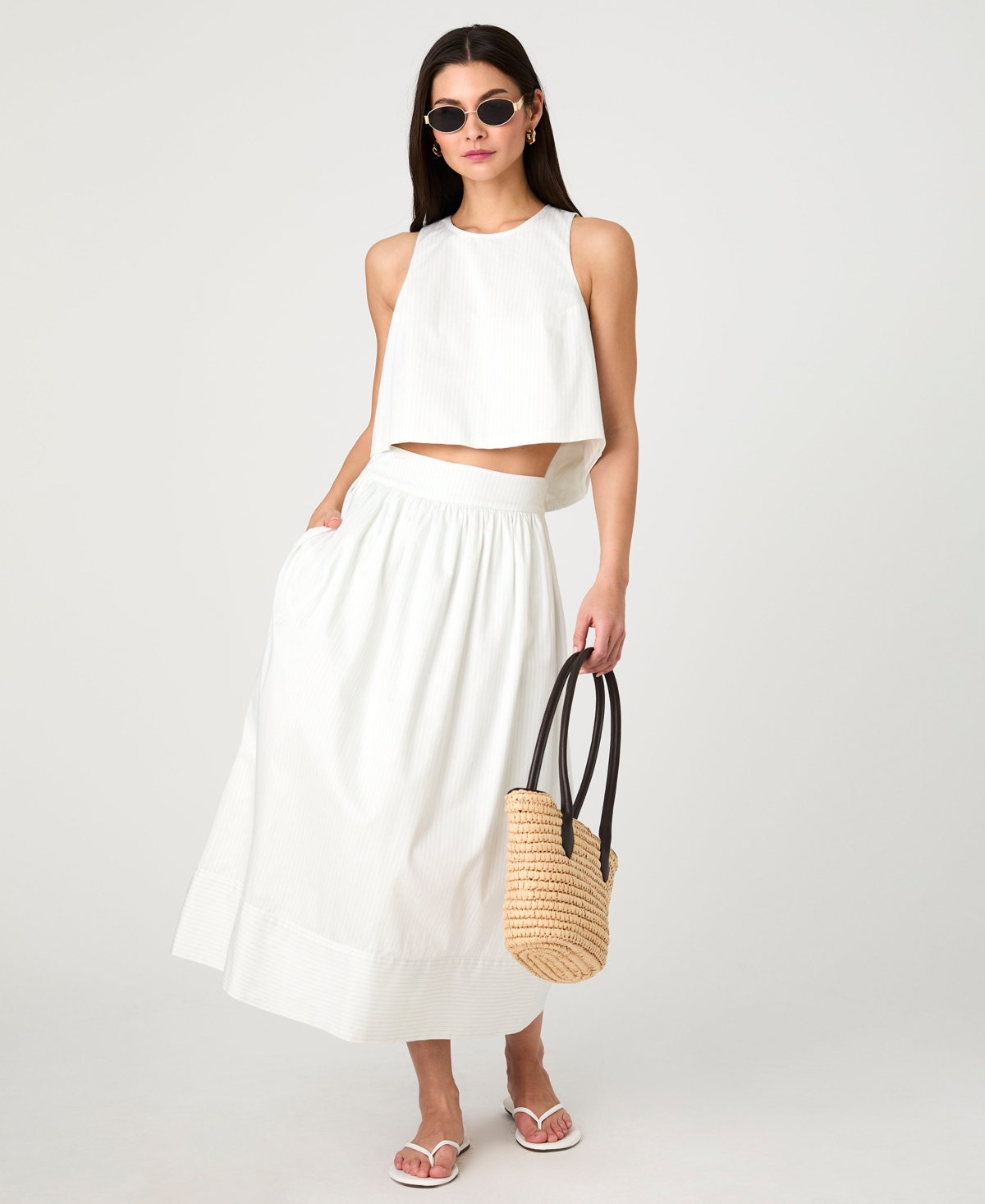French Connection Birdie Tie Back Cutout Linen Blend Tank In Porcelain Cream,amalfi Blue Stripe
