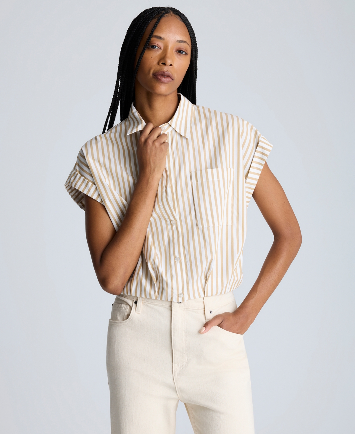 Kenneth Cole Drop Shoulder Short Sleeve Button Front Shirt In Pure White,chai