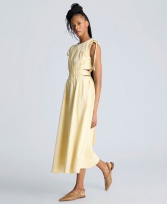 Women's Butter Yellow Ruched Tie-Shoulder Midi Dress