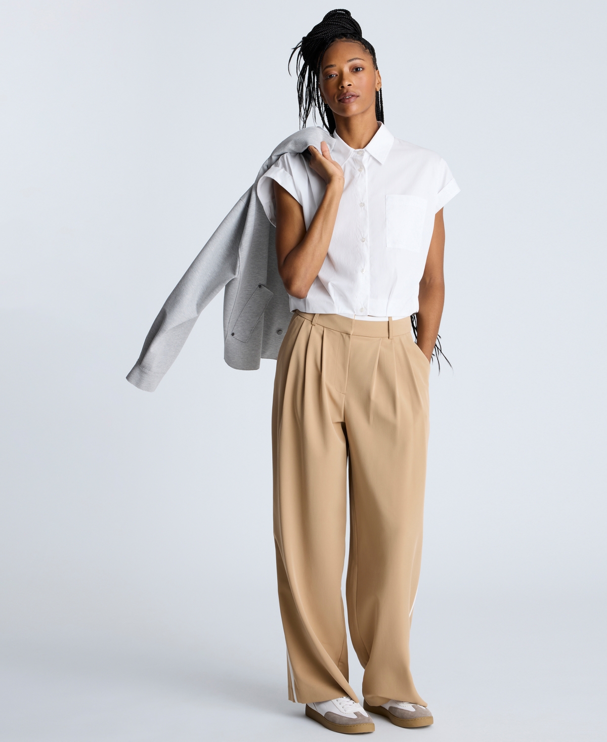 Women's Tipped Wide-Leg Pleated Pants - Chai/Pure White