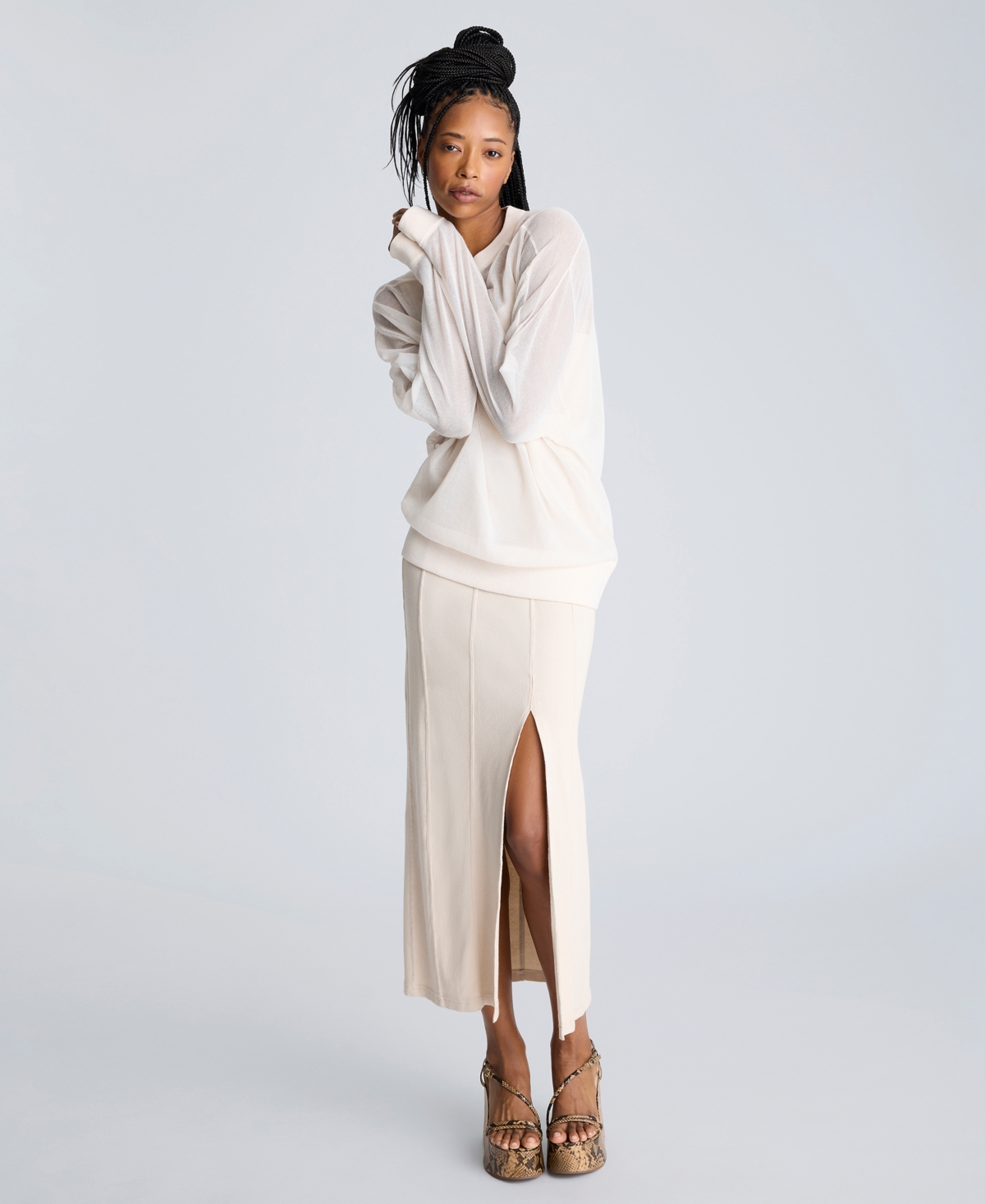 Kenneth Cole Sheer Oversized Crewneck Sweatshirt In Oyster