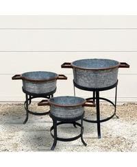 3-Piece Galvanized Metal Planter Set – Round Tub Design with Iron Stands