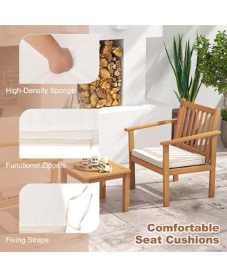 3 PCS Patio Wood Furniture Set Acacia Wood Chairs & Coffee Table with soft Cushions