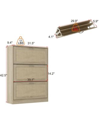 Wooden 3-door yellow shoe cabinet, multifunctional shoe rack with adjustable shelves, rattan drawers