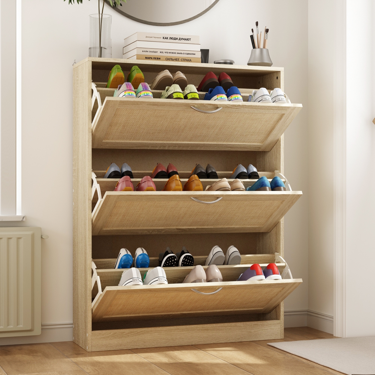 Wooden 3-door yellow shoe cabinet, multifunctional shoe rack with adjustable shelves, rattan drawers - Yellow