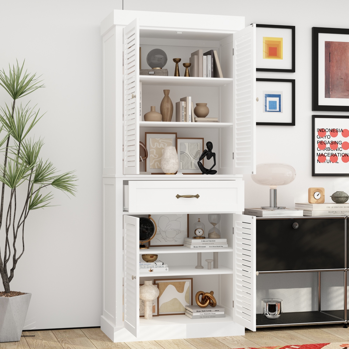 White wooden shoe cabinet with six storage cabinets and one drawer,shoe rack with adjustable shelves - White