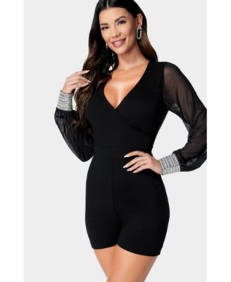 Women's Crystal Cuff Sheer Sleeve Romper