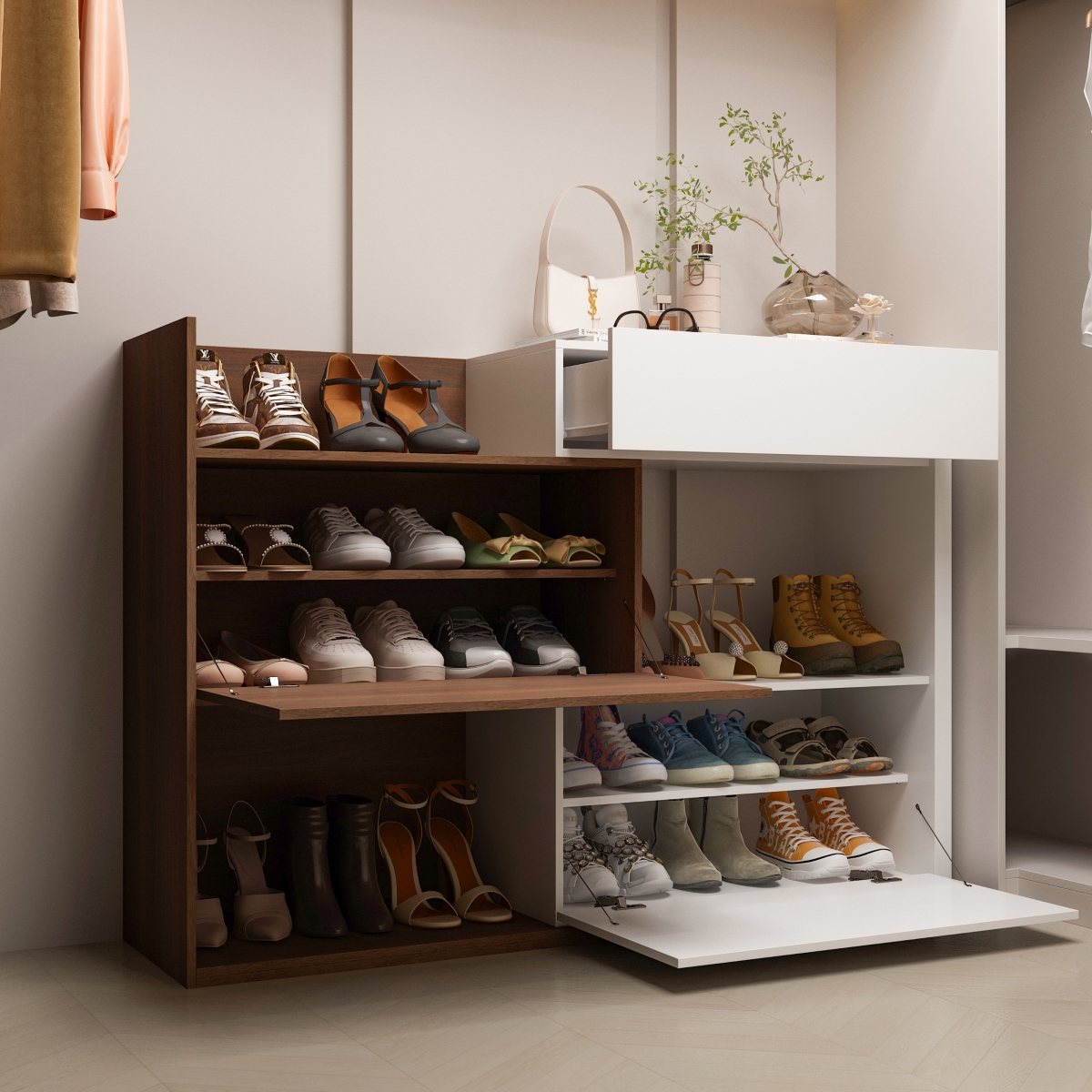 Wooden Retractable shoe cabinet, white and wood grain color, shoe rack with movable shelves - White