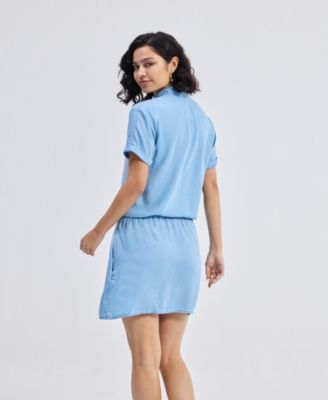 Women's Drawstring Denim Shirt Dress with Front Buttons in Blue
