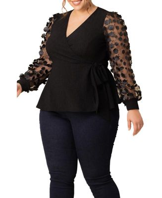 Plus Size Scattered Petals Long Sleeve Wrap Top