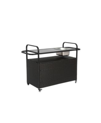 Streamdale Black wicker outdoor bar cart with steel top, ice bucket, locking wheels, and side basket
