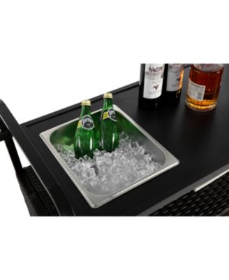 Streamdale Black wicker outdoor bar cart with steel top, ice bucket, locking wheels, and side basket