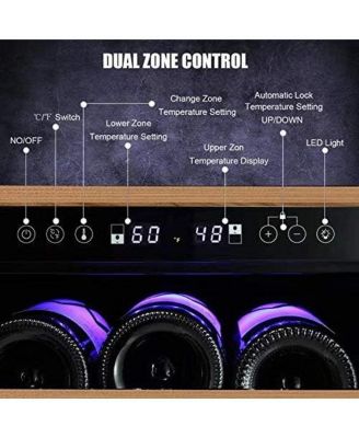 15" Wine Cooler Under Counter Beverage Refrigerator Beer Mini Fridge 28 Bottles Dual Zone Built-in Freestanding Stainless Steel Double-Layer Tempered Glass Door