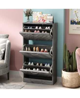 Wooden 3-door natural shoe cabinet, shutter door drawers, multi-purpose shoe rack with adjustable shelves