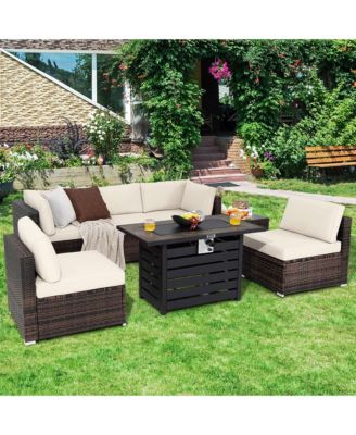 7PCS Patio Rattan Furniture Set 42'' Fire Pit Table w/ Cover Cushioned