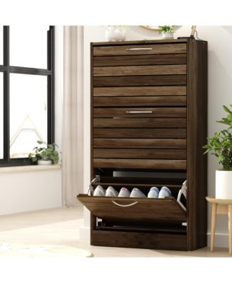 Wooden 3-Door Shoe Cabinet with Shutter Drawers and Adjustable Shelves