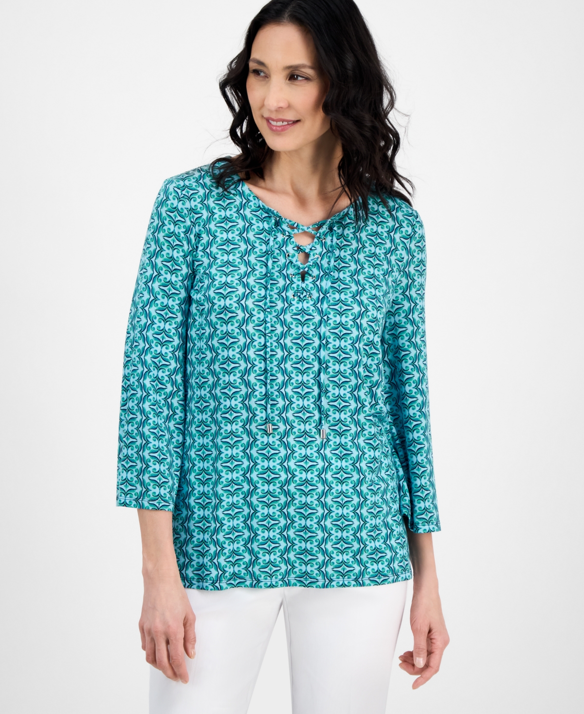 Women's Printed Split-Lace-Up-Neck Blouse, Exclusively at Macy's - Rivulet Combo