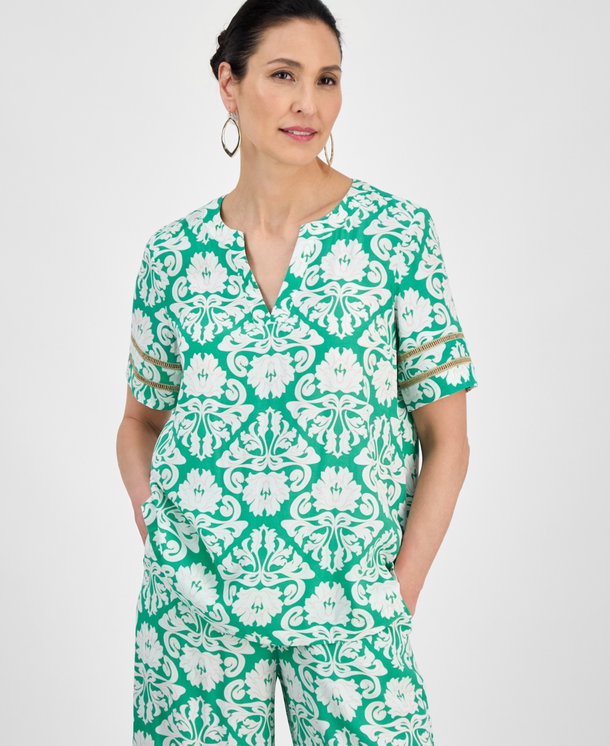 Jm Collection Women's Printed Split-neck Short-sleeve Top, Exclusively At Macy's In Green