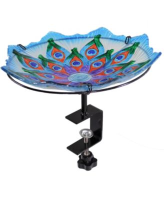 Exquisite Feathers Deck-Mounted/Staked Glass Bird Bath - 11” Diameter - Turquoise