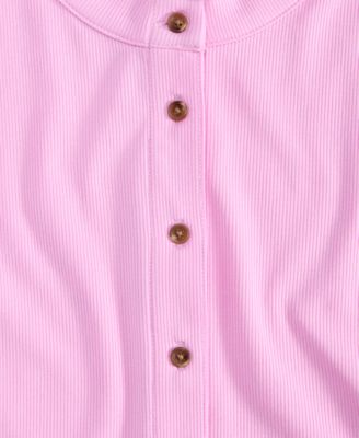 Women's Rib-Knit Short-Sleeve Button Front Top, Exclusively at Macy's