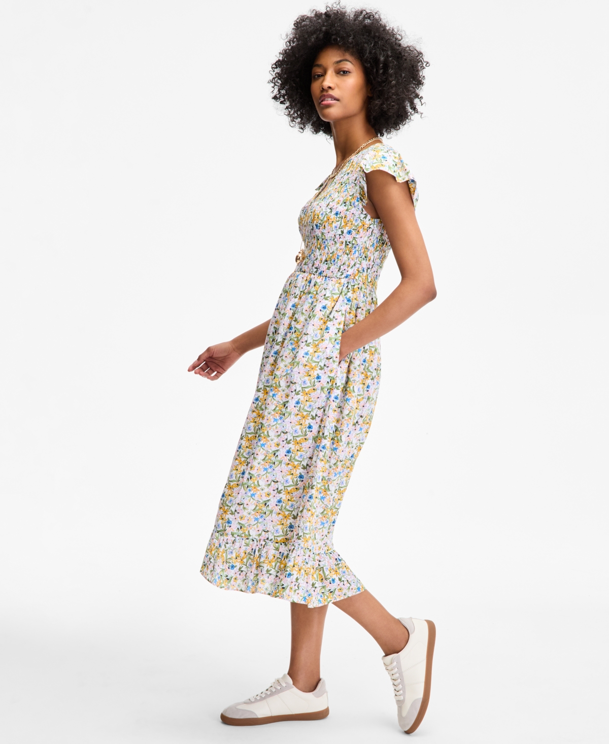 On 34th Women's Printed Smocked Flutter-sleeve Midi Dress, Exclusively At Macy's