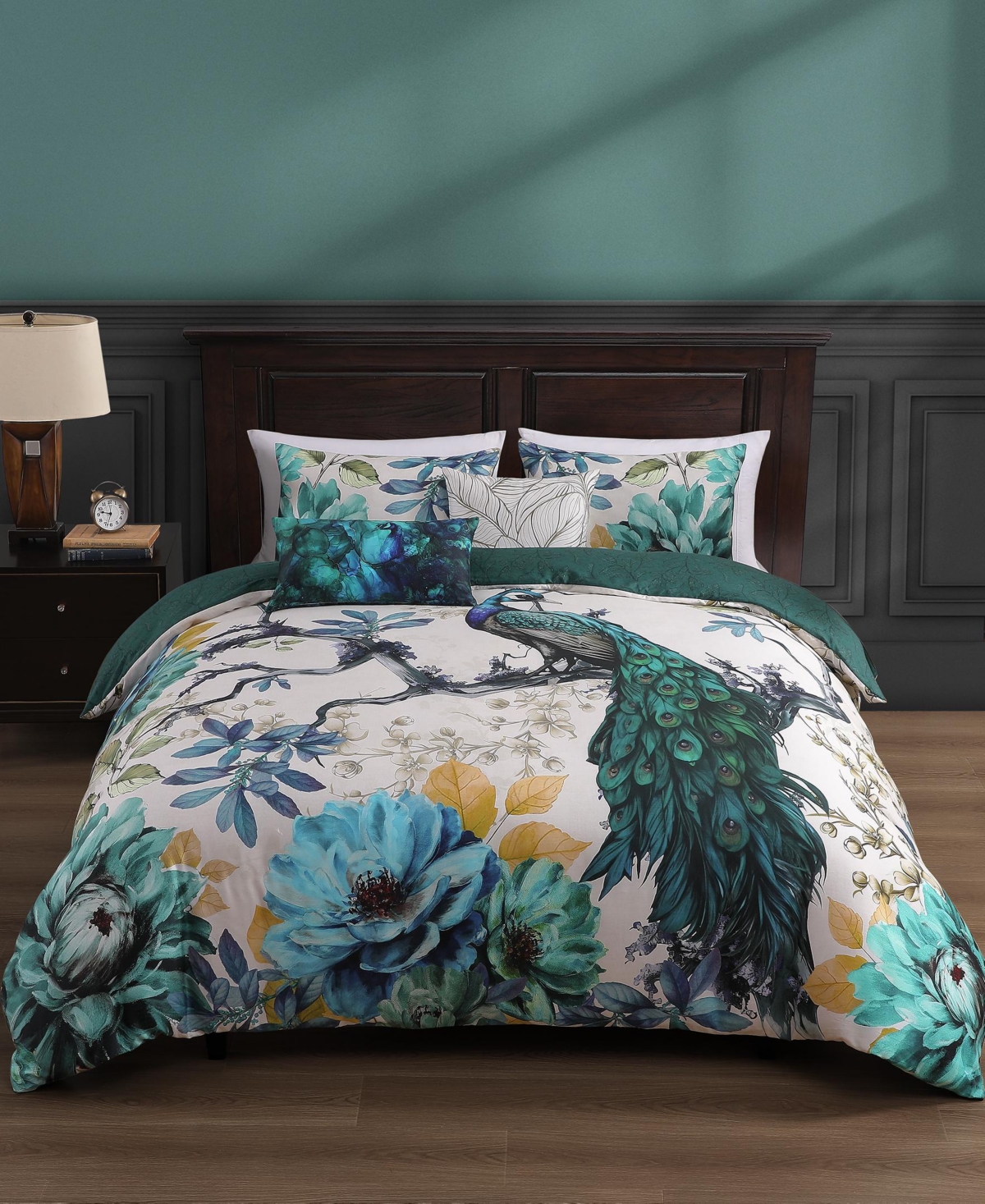 Bebejan Peacock Jardin Bedding 100% Cotton Sateen 5 Piece King Size Reversible Comforter Set