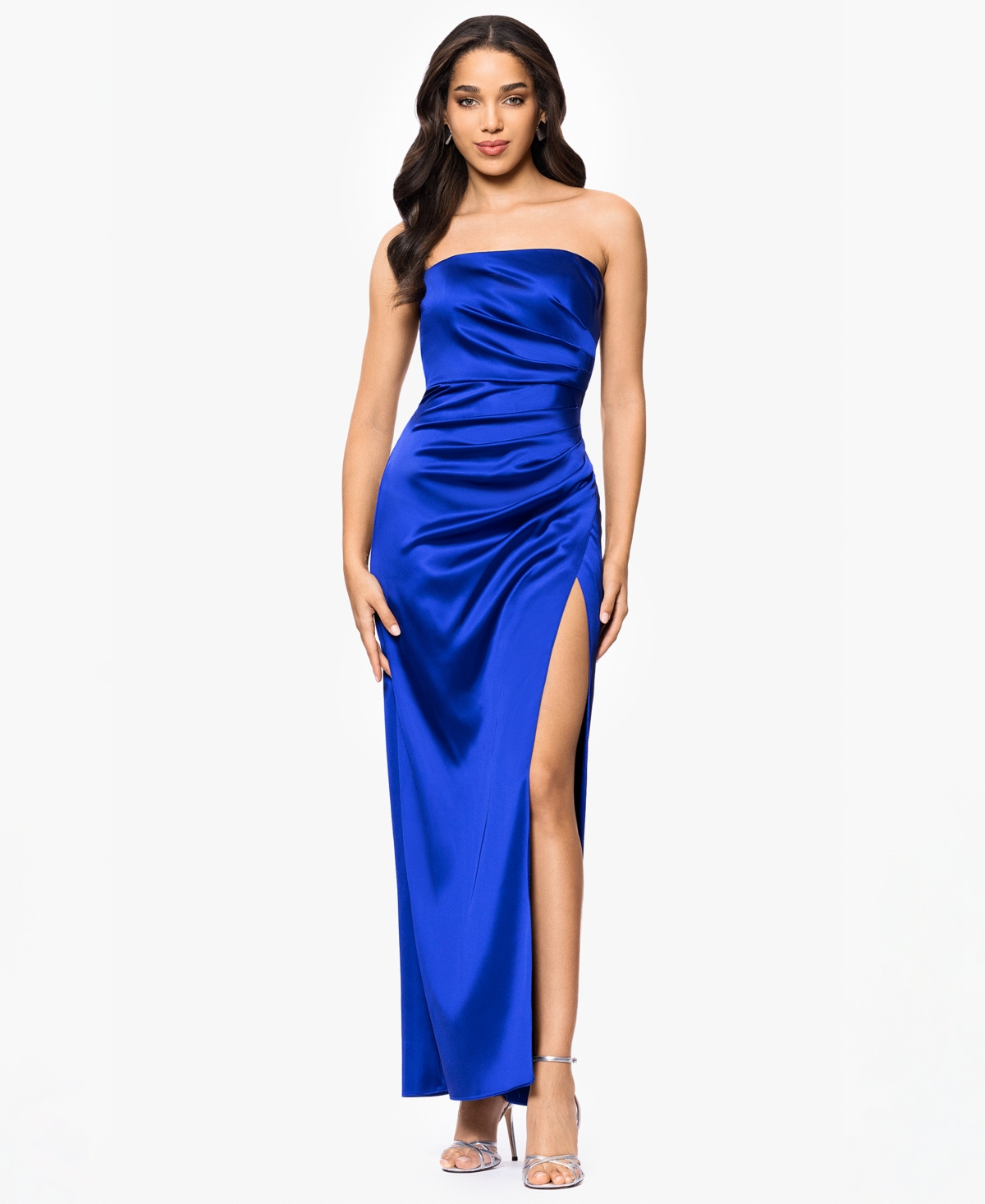 Juniors' Strapless Draped Side-Slit Gown - Royal