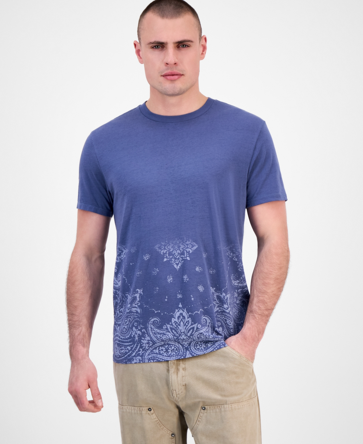 Guess Men's Short Sleeve Paisley Burnout Crewneck T-shirt