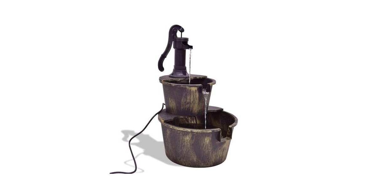 Outdoor 2-Tier Rustic Barrel Water Fountain with Submersible Pump for Garden Decoration - Black