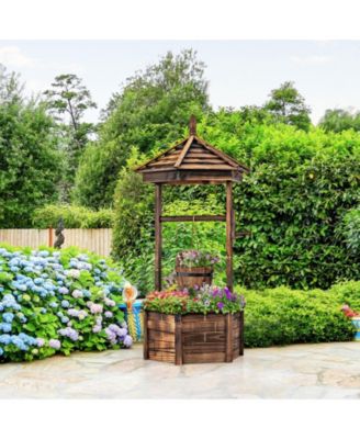 Rustic Wooden Wishing Well with Adjustable Hanging Bucket
