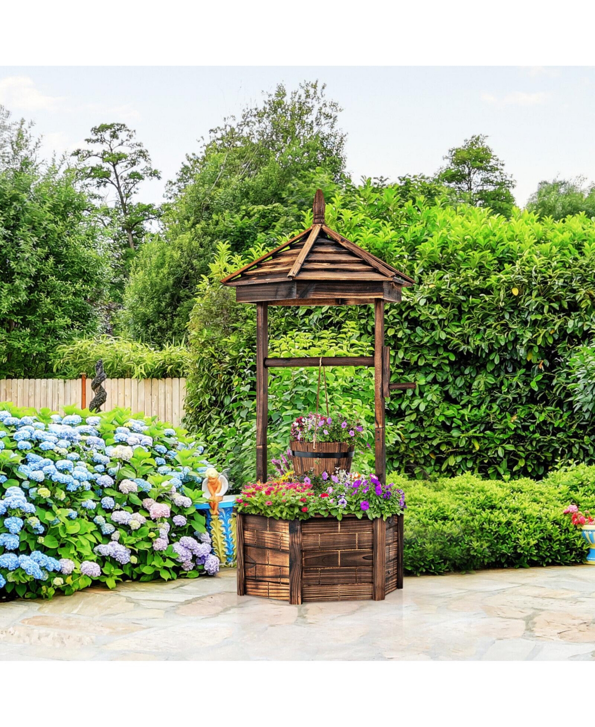 Rustic Wooden Wishing Well with Adjustable Hanging Bucket