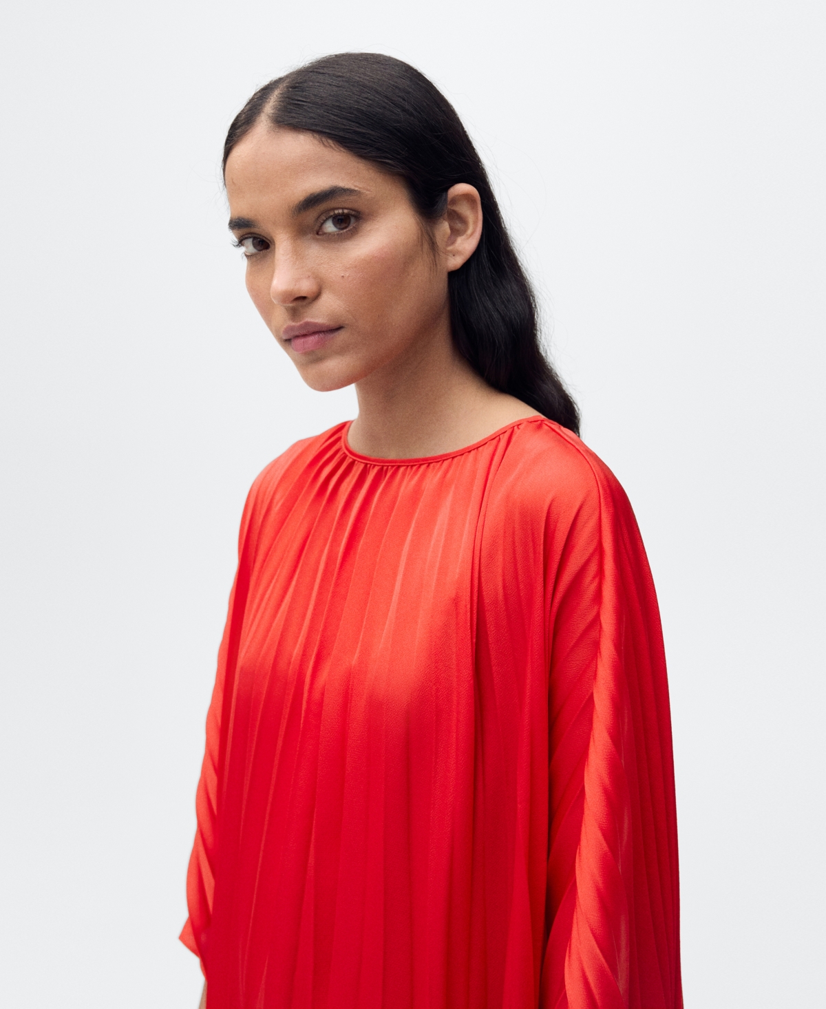 Shop Mango Women's Pleated 3-quarter Sleeve Dress In Red