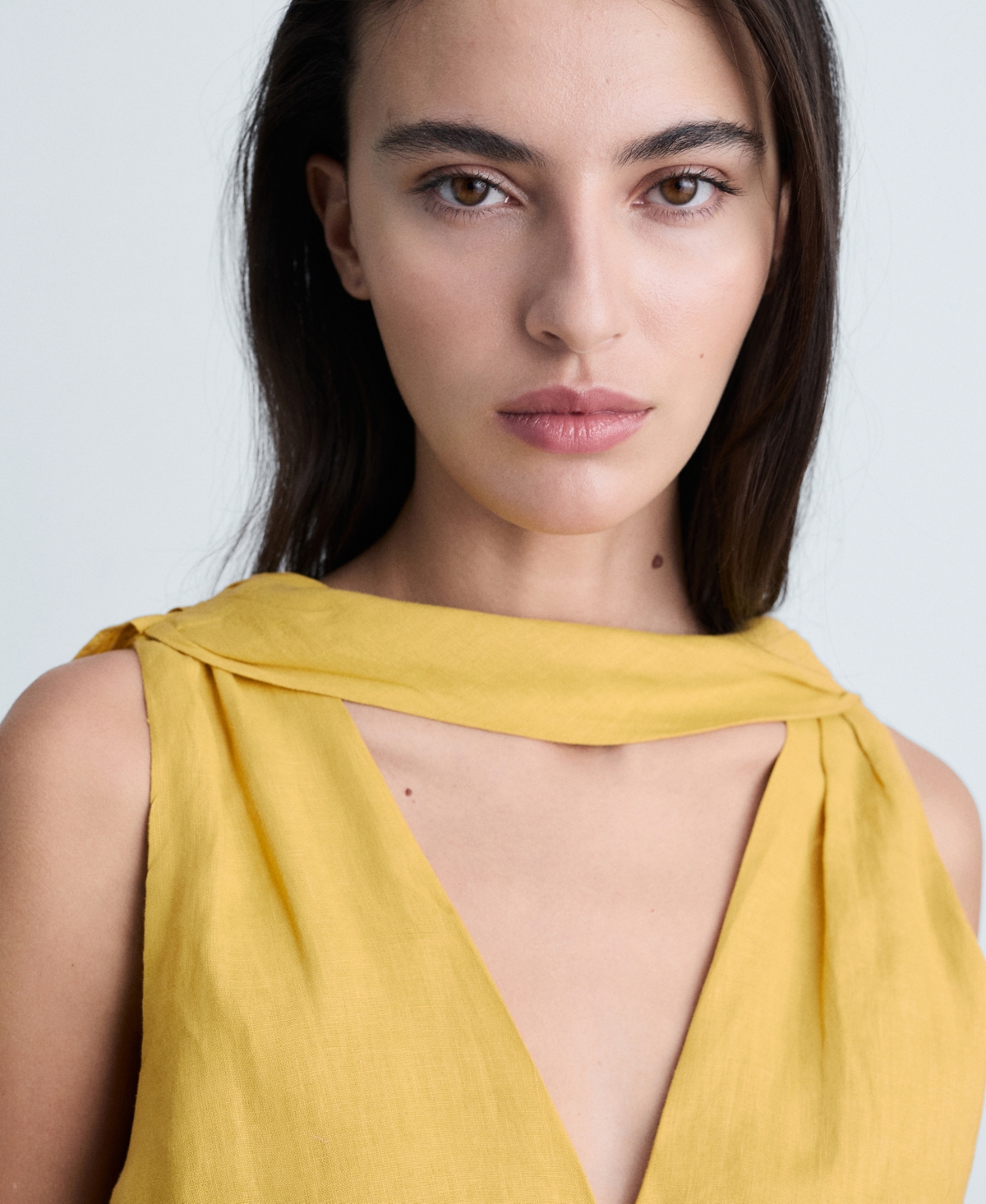 Mango Scarf Detail Sleeveless Linen Midi Dress In Mustard