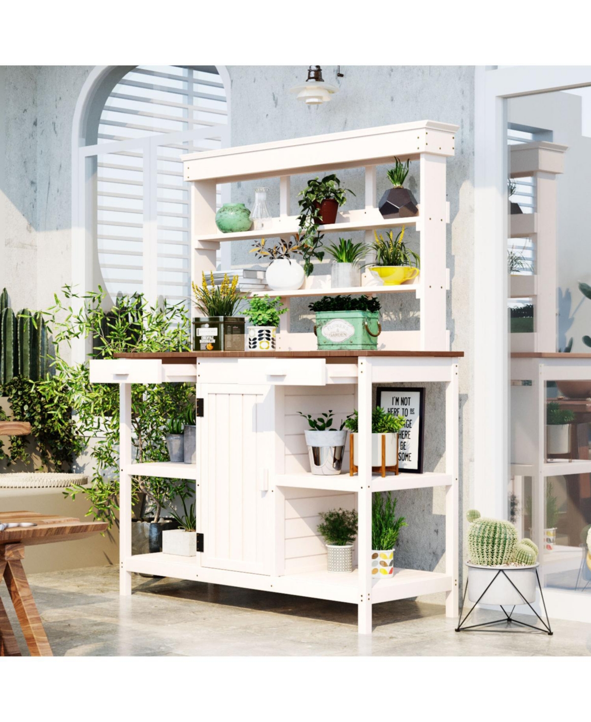 Large Outdoor Potting Bench Table: Farmhouse Garden Workstation - White