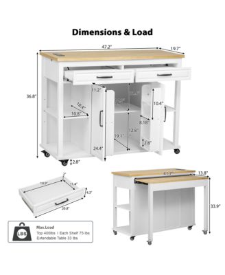 47" Extendable Kitchen Island with Storage, Power Outlet