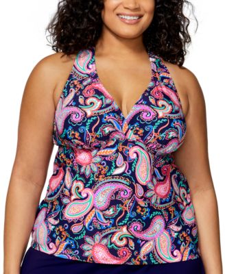 Plus Size Paisley-Print H-Back Tankini Top