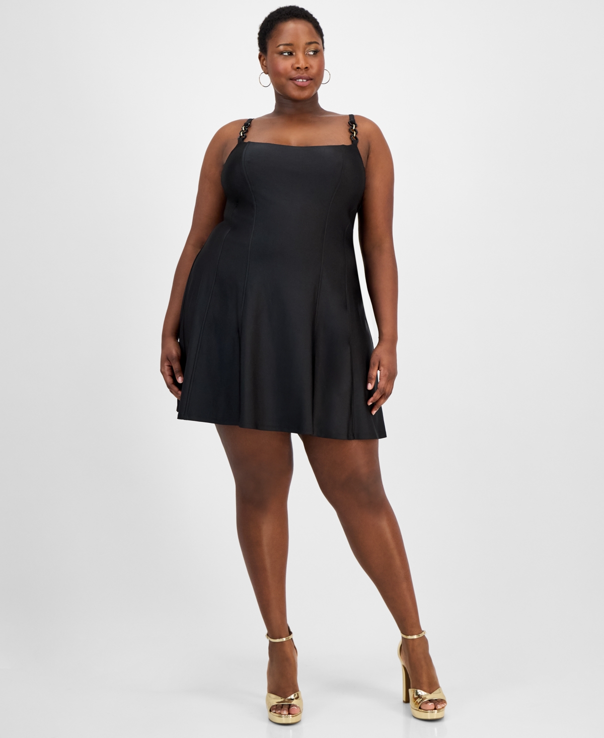 Trendy Plus Size Satin Chain-Strap Dress - Black