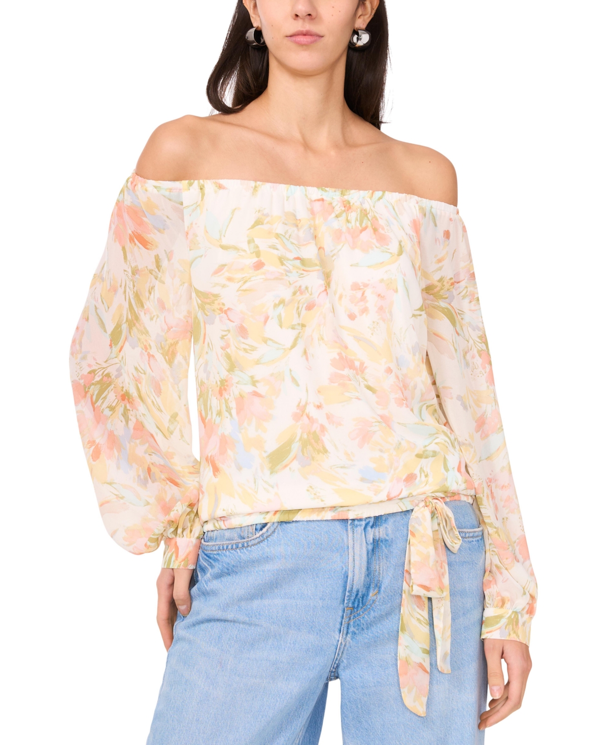 Shop Vince Camuto Women's Printed Off-the-shoulder Tied-hem Top