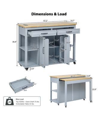 Extendable Grey Kitchen Island with Storage, Power Outlet & Drawers