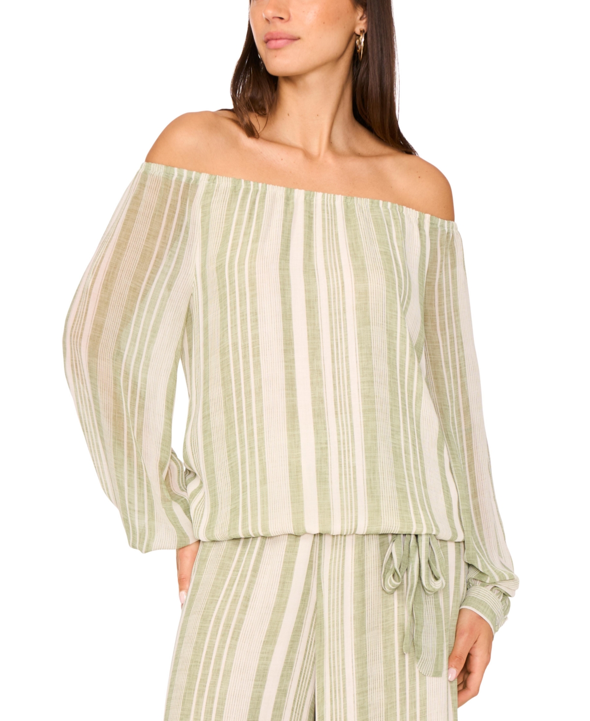 Vince Camuto Stripe Off The Shoulder Tie Hem Top In Green
