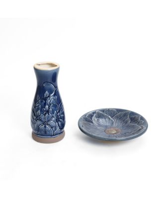 Blue Petals and Vines 22-Inch Tall Ceramic Birdbath