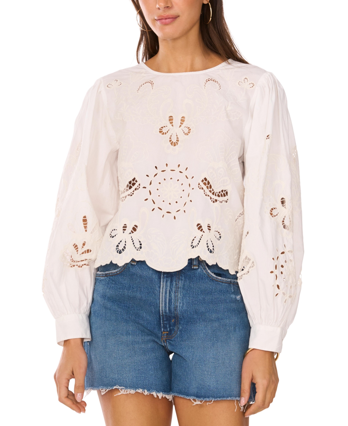 Women's Lattice-Trim Embroidered Top - New Ivory