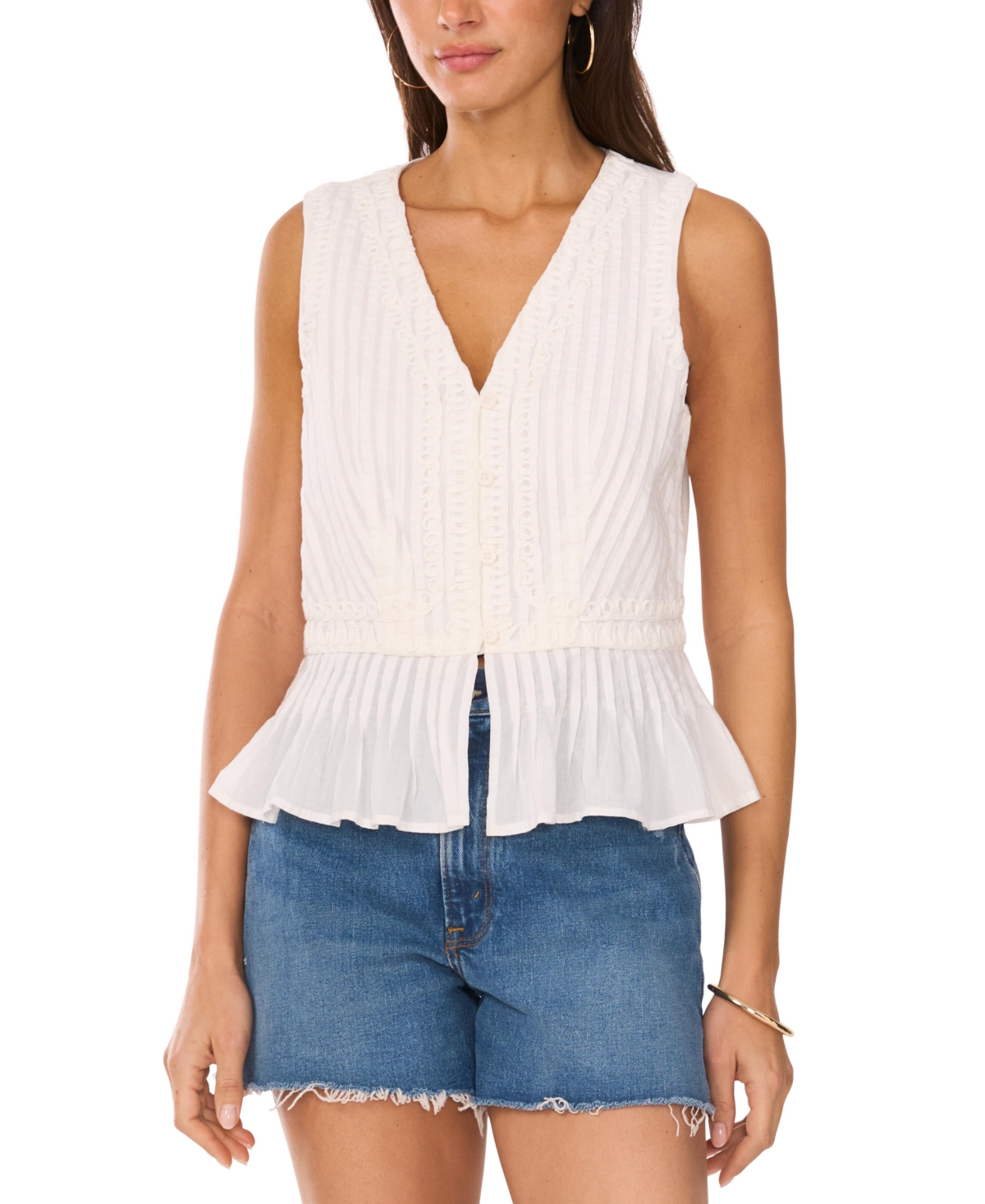 Vince Camuto Pintuck Peplum Sleeveless Button-up Top